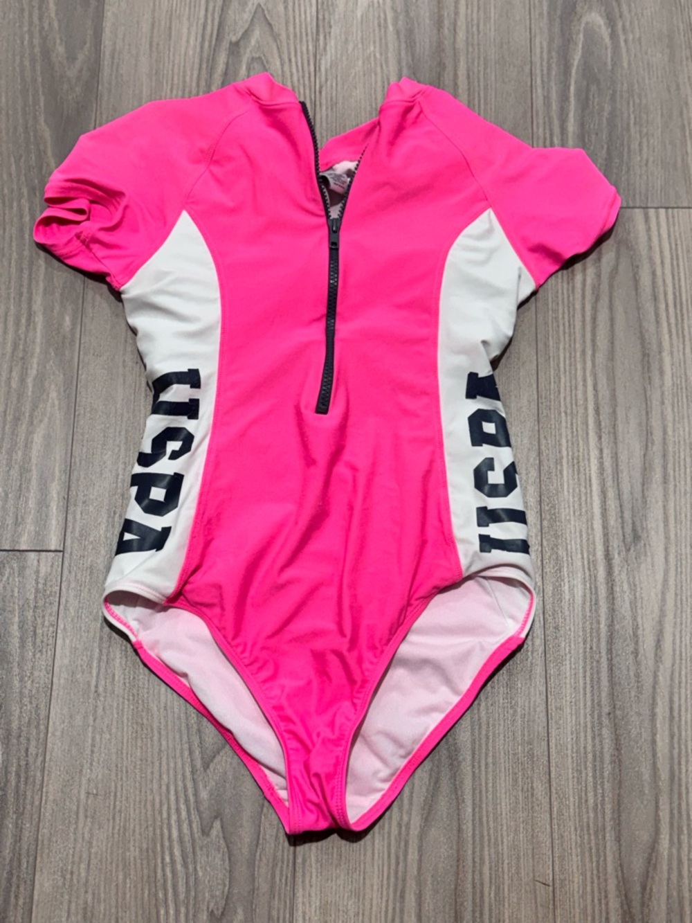Pink Short-Sleeve One-Piece Swimsuit with Front Zip